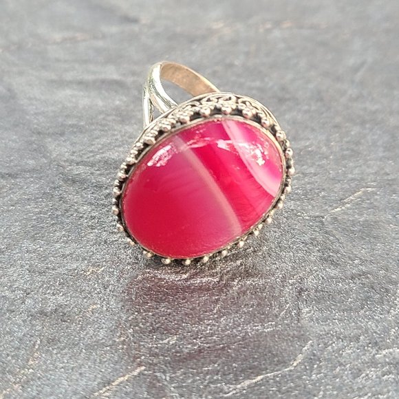 Pink Agate Ring Size 9  1/ 2 Sterling Silver-Chunky Ring - Picture 5 of 5